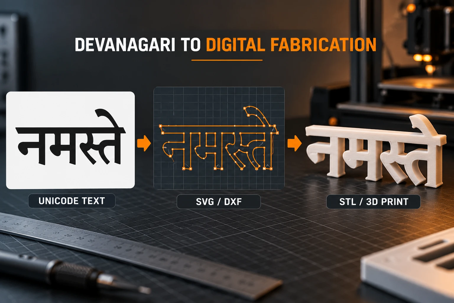 Devanagari text नमस्ते transformed into SVG and DXF outlines and a 3D printed object.